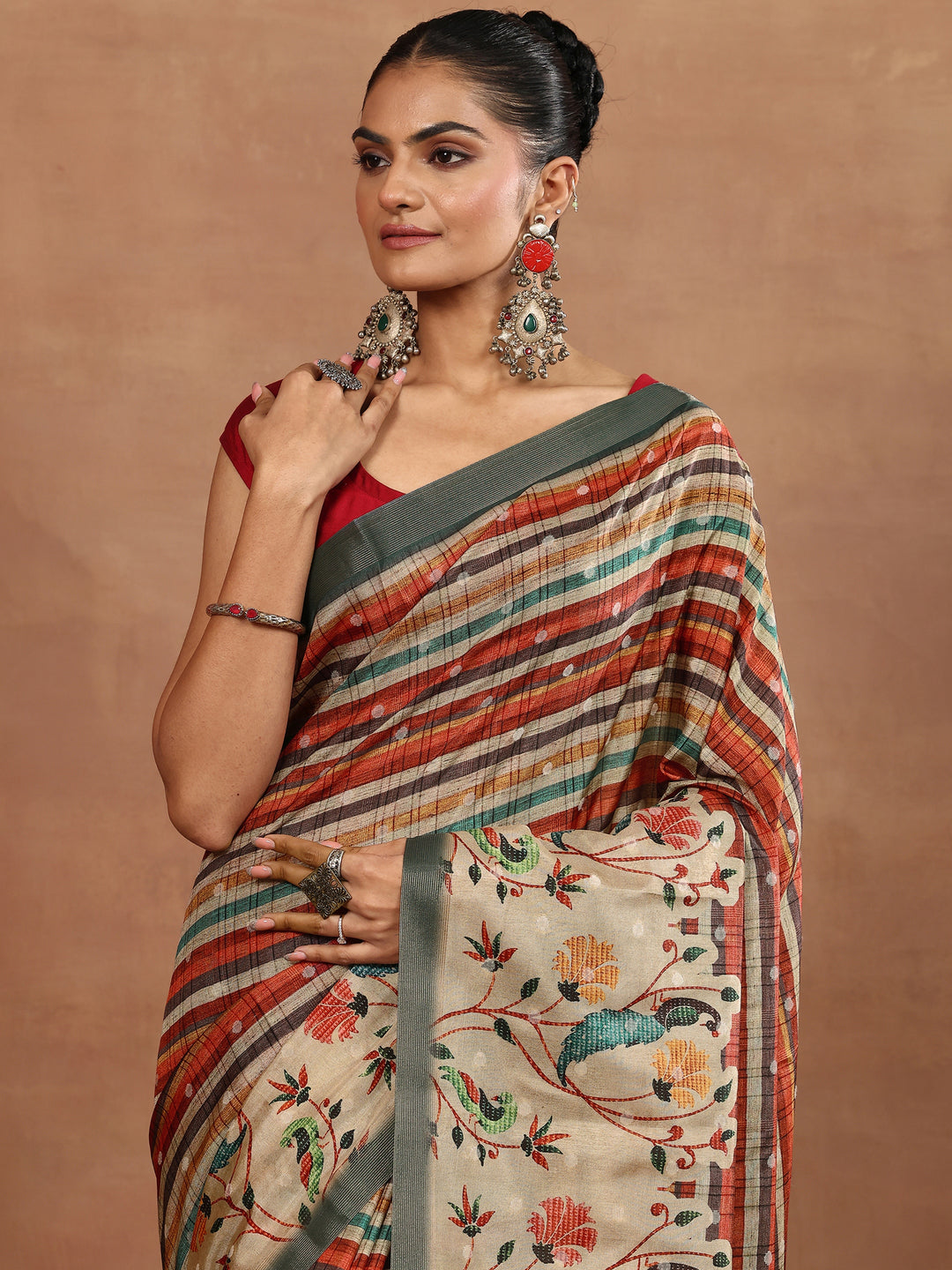 Multi Printed Silk Blend Sarees With Unstitched Blouse Piece