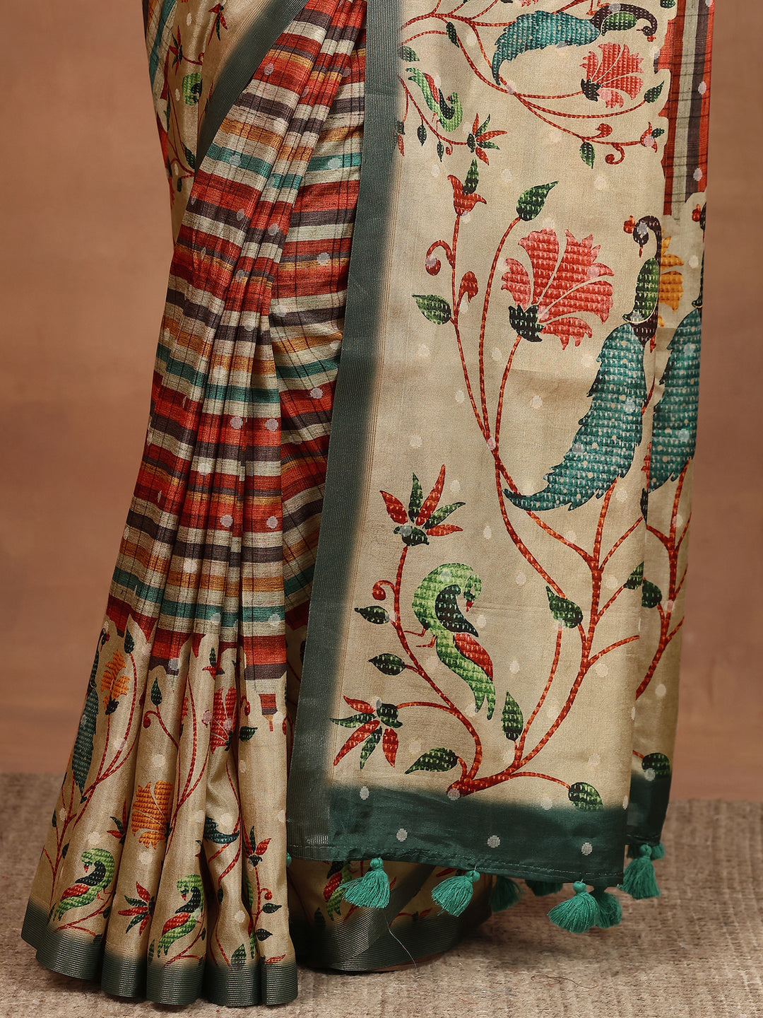 Multi Printed Silk Blend Sarees With Unstitched Blouse Piece