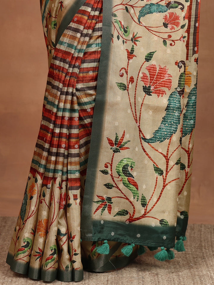 Multi Printed Silk Blend Sarees With Unstitched Blouse Piece