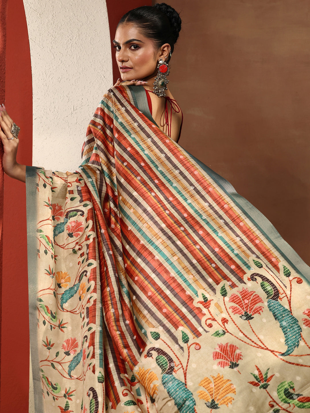 Multi Printed Silk Blend Sarees With Unstitched Blouse Piece