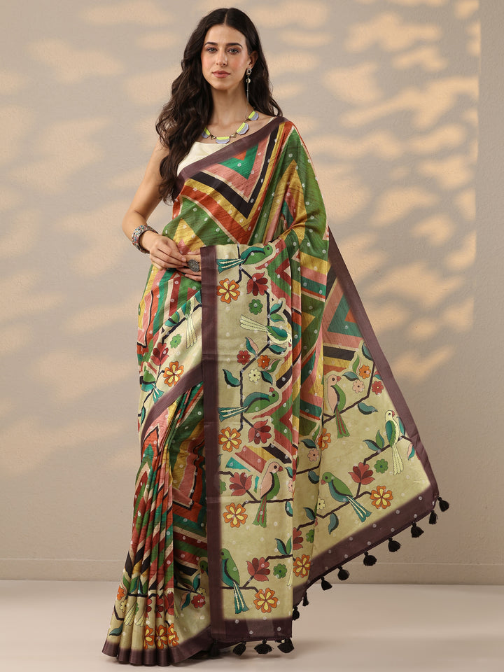 Multi Printed Silk Blend Saree With Unstitched Blouse Piece