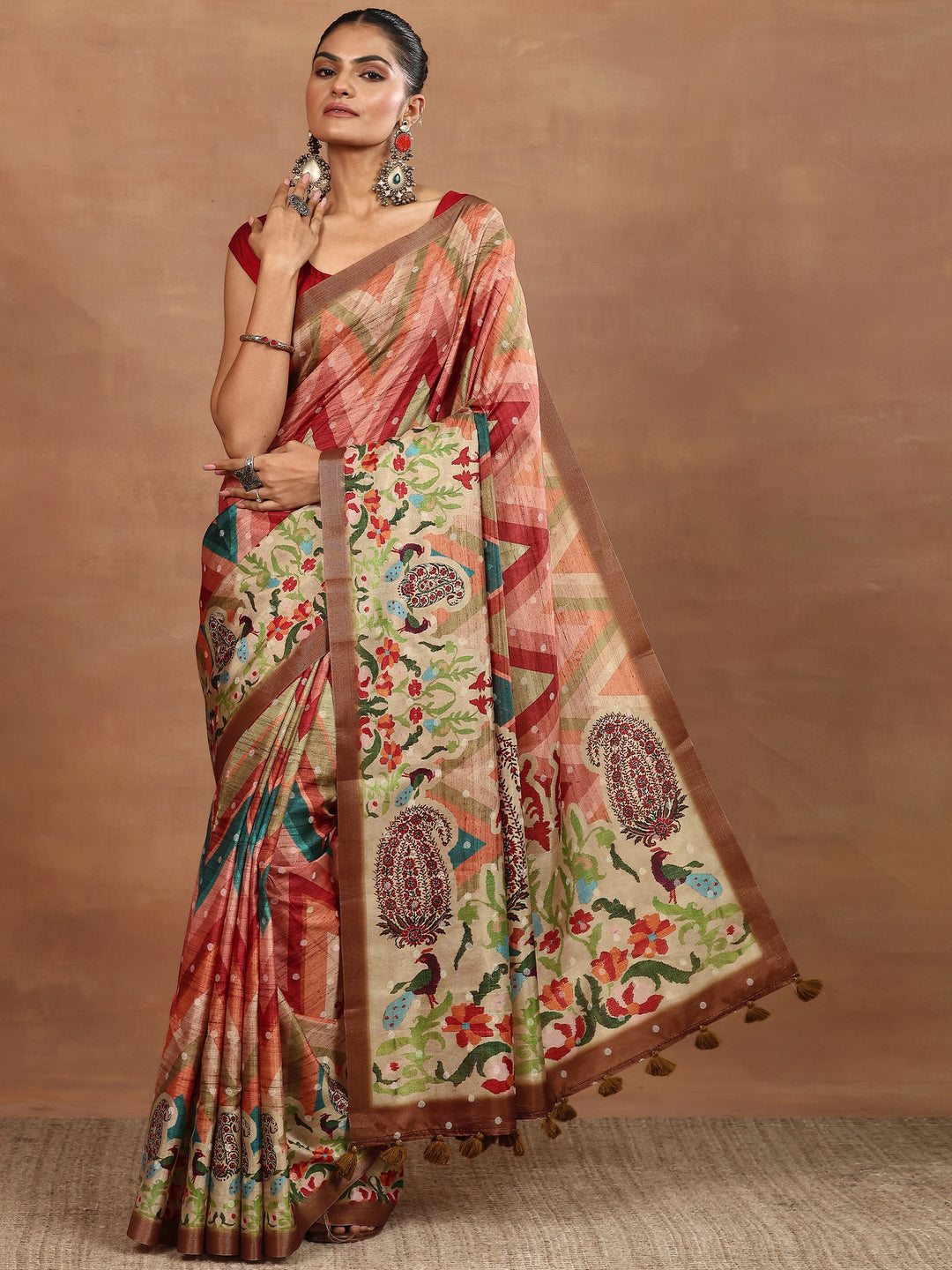 Multi Leheriya Printed Silk Blend Sarees With Unstitched Blouse Piece