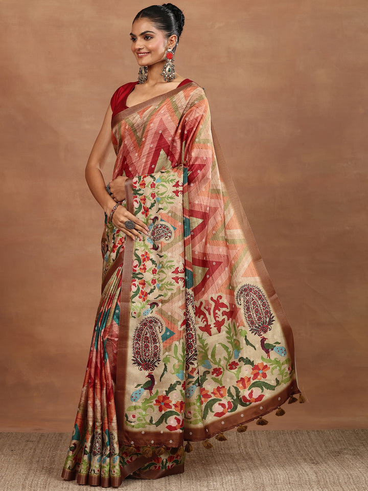 Multi Leheriya Printed Silk Blend Sarees With Unstitched Blouse Piece