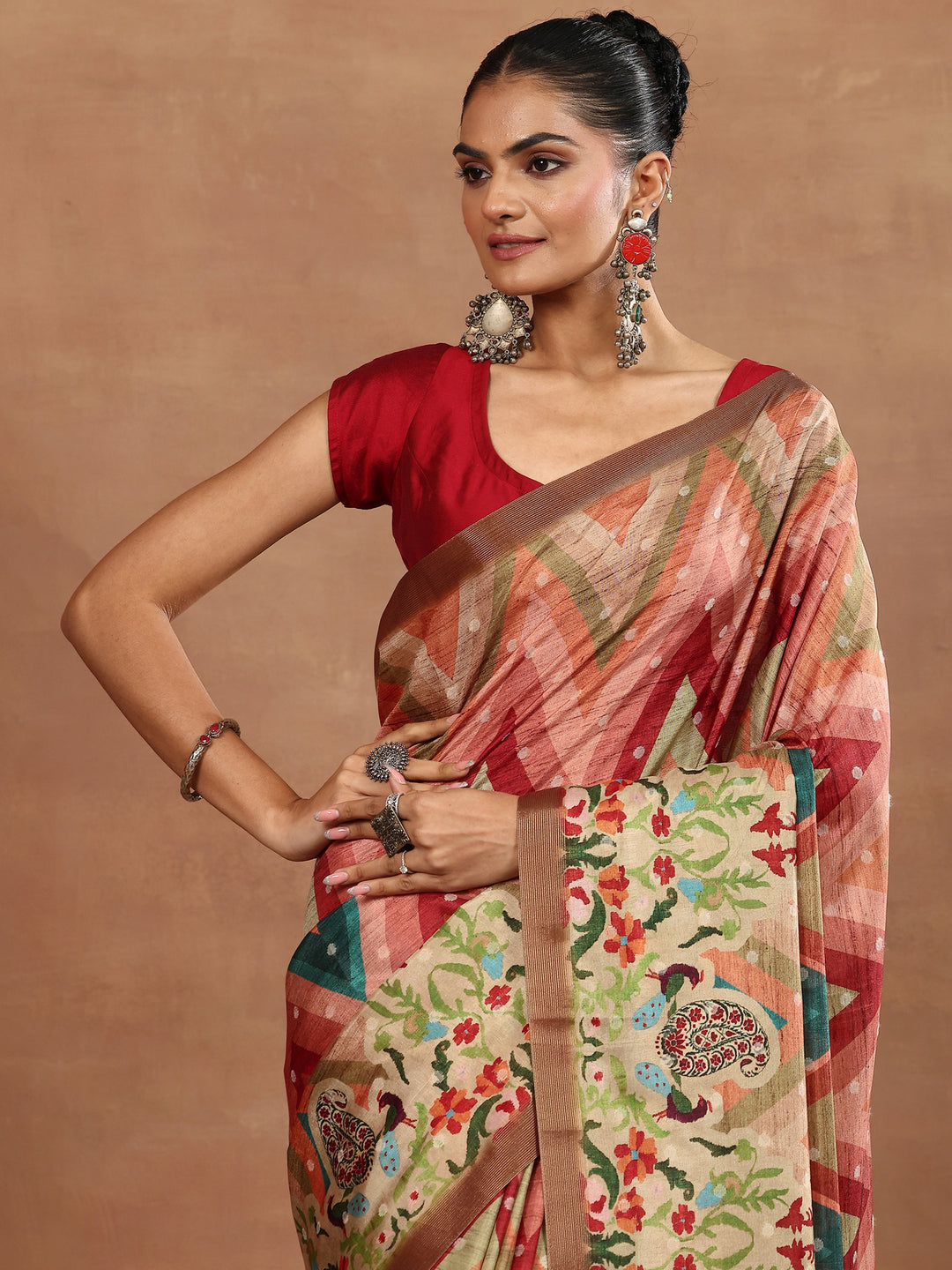 Multi Leheriya Printed Silk Blend Sarees With Unstitched Blouse Piece