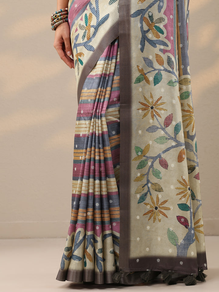 Multi Printed Silk Blend Saree With Unstitched Blouse Piece