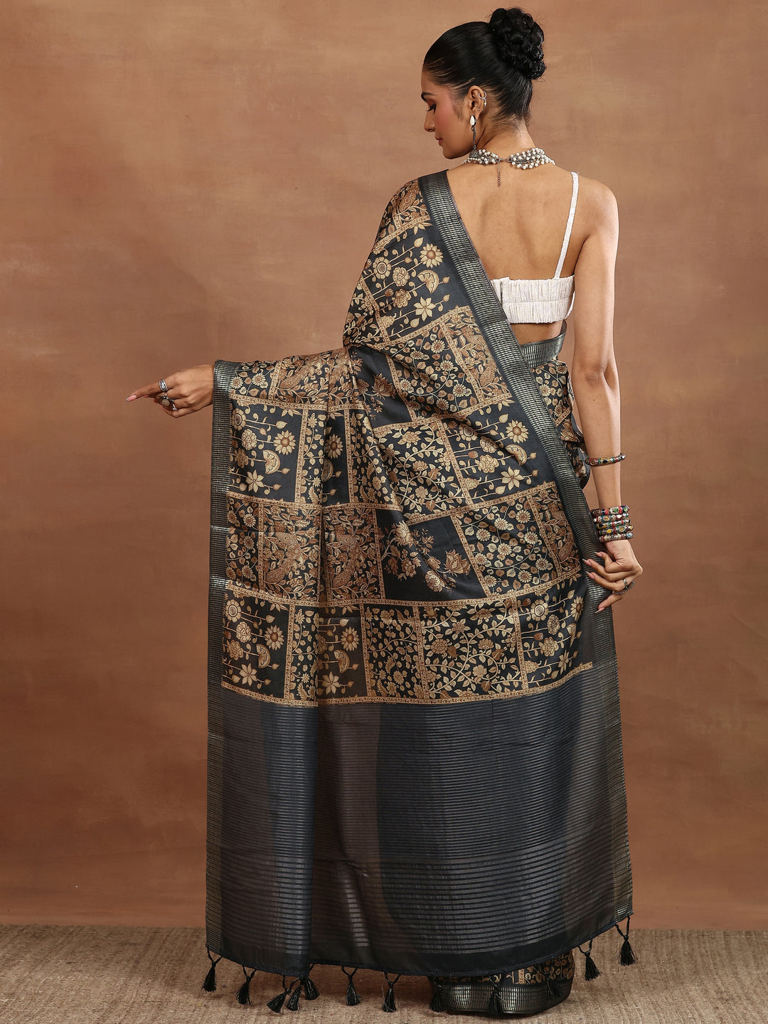 Brown Printed Silk Blend Sarees With Unstitched Blouse Piece