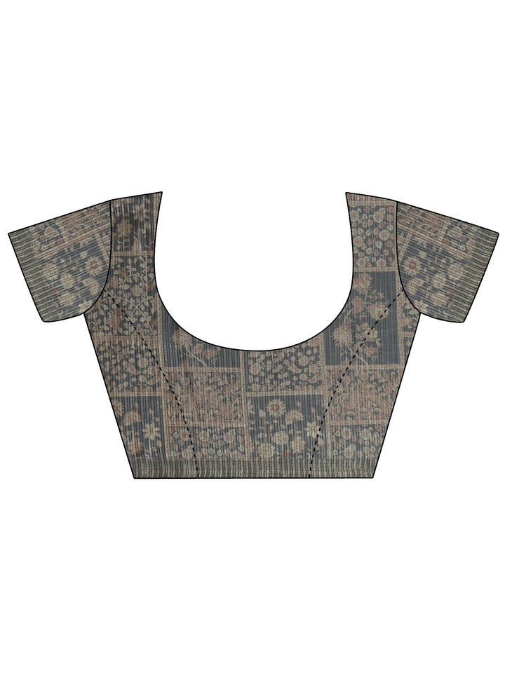 Brown Printed Silk Blend Sarees With Unstitched Blouse Piece
