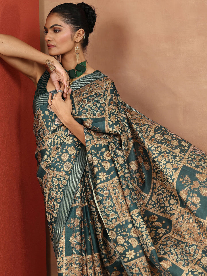 Blue Printed Silk Blend Sarees With Unstitched Blouse Piece