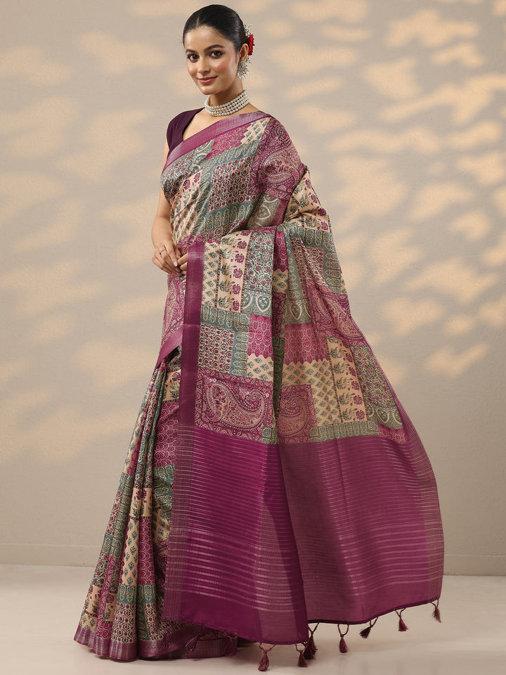 Pink Printed Silk Blend Saree With Unstitched Blouse Piece
