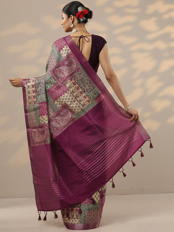 Pink Printed Silk Blend Saree With Unstitched Blouse Piece