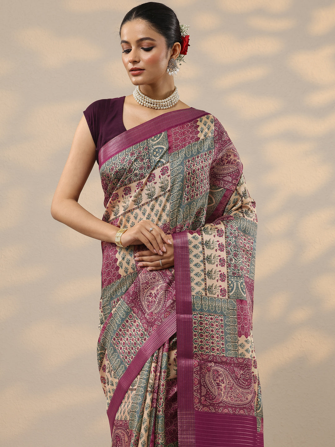Pink Printed Silk Blend Saree With Unstitched Blouse Piece