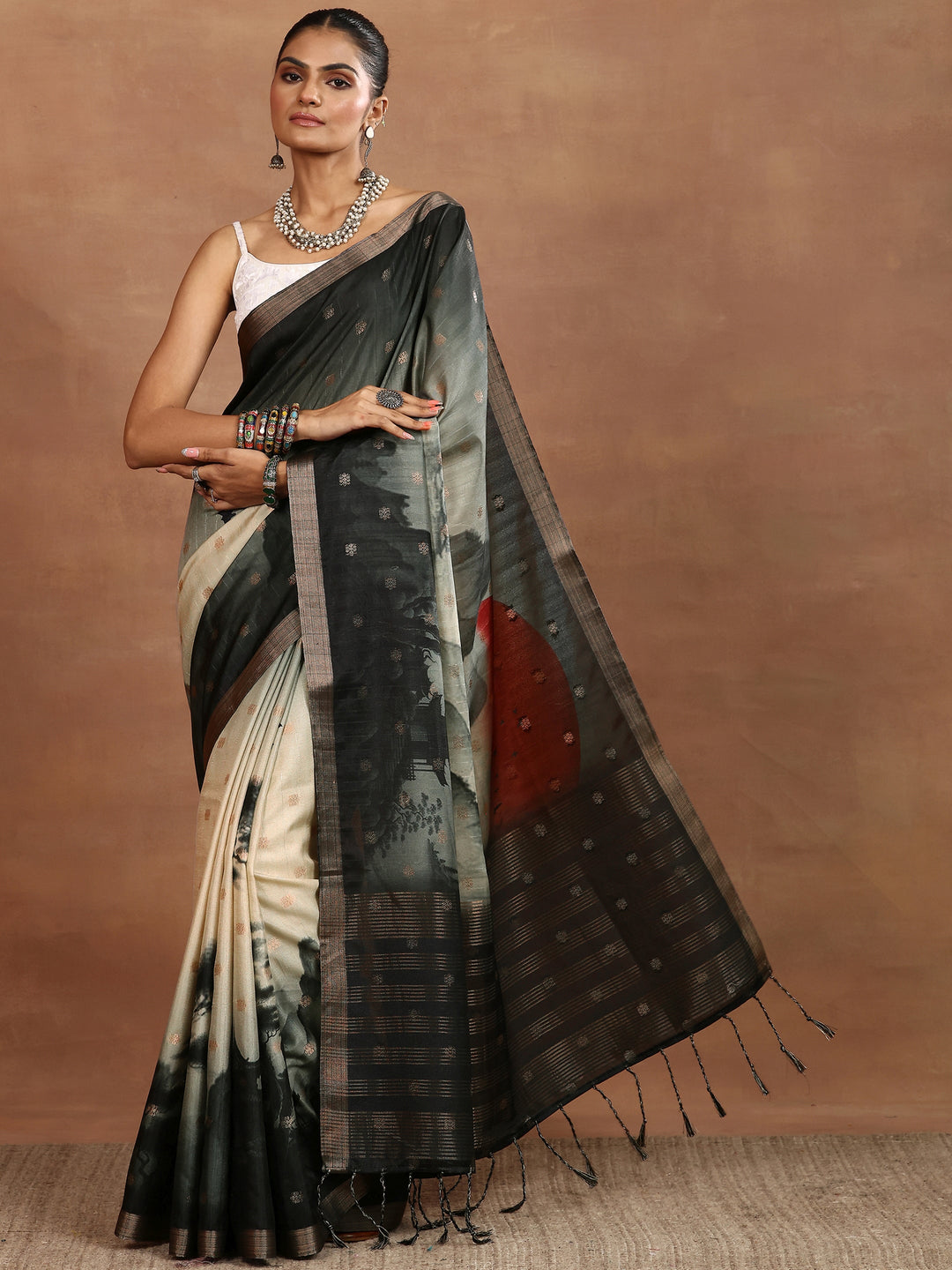 Beige Printed Silk Blend Sarees With Unstitched Blouse Piece