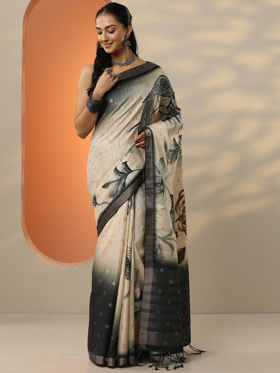 Beige Woven Design Silk Blend Saree With Unstitched Blouse Piece