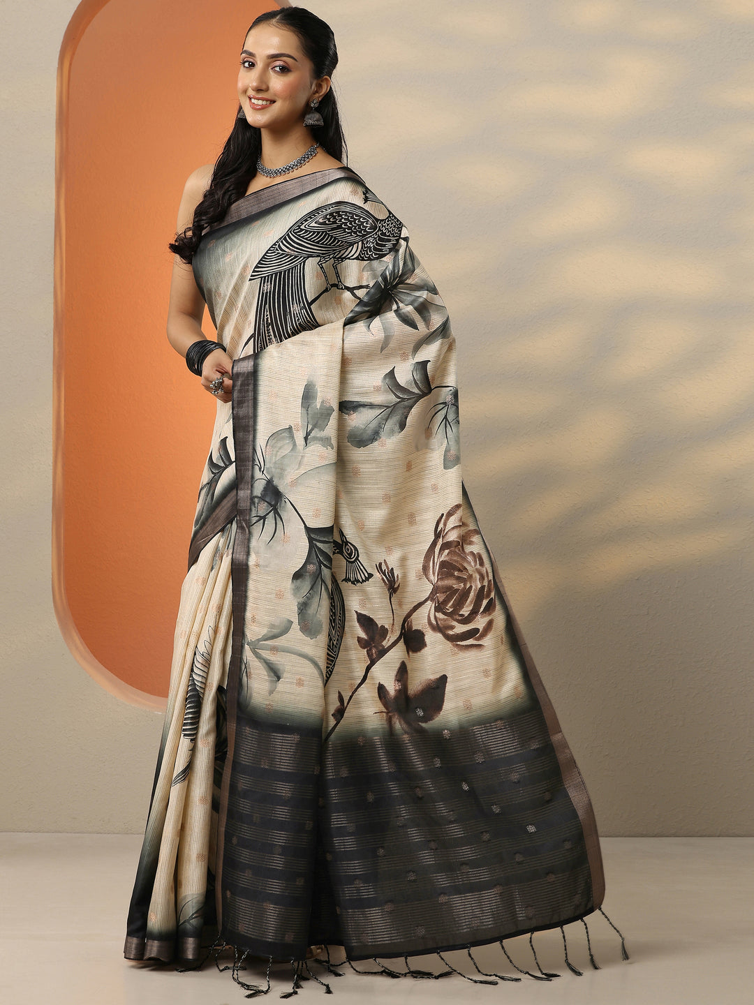 Beige Woven Design Silk Blend Saree With Unstitched Blouse Piece