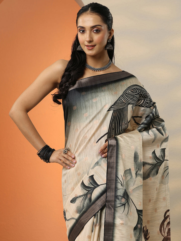 Beige Woven Design Silk Blend Saree With Unstitched Blouse Piece