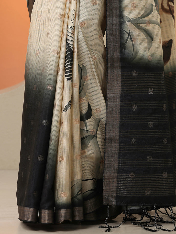 Beige Woven Design Silk Blend Saree With Unstitched Blouse Piece