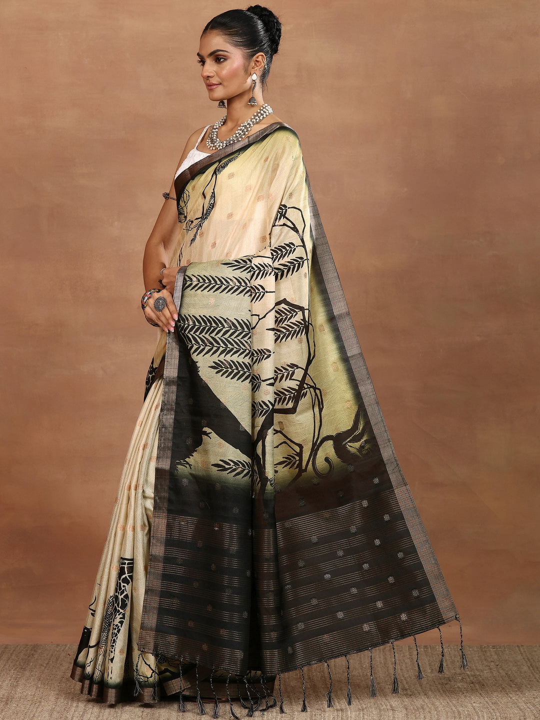 Beige Printed Silk Blend Sarees With Unstitched Blouse Piece