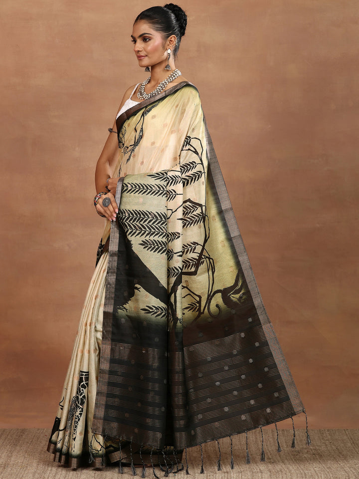 Beige Printed Silk Blend Sarees With Unstitched Blouse Piece
