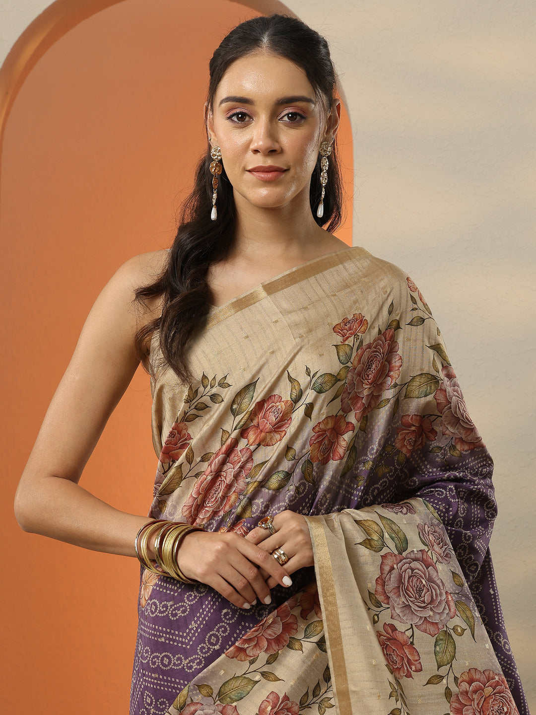 Purple Printed Silk Blend Saree With Unstitched Blouse Piece