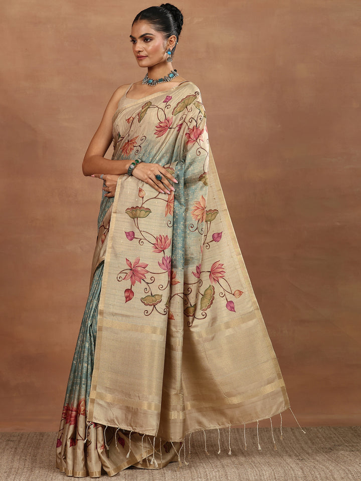 Blue Printed Silk Blend Sarees With Unstitched Blouse Piece