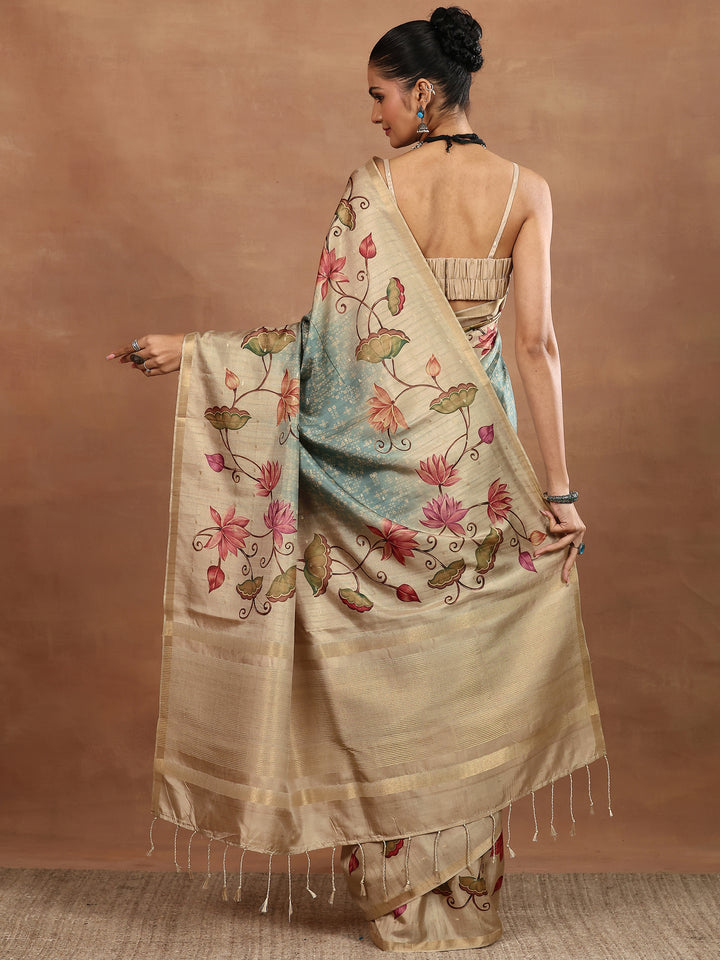 Blue Printed Silk Blend Sarees With Unstitched Blouse Piece
