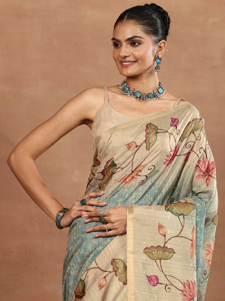 Blue Printed Silk Blend Sarees With Unstitched Blouse Piece