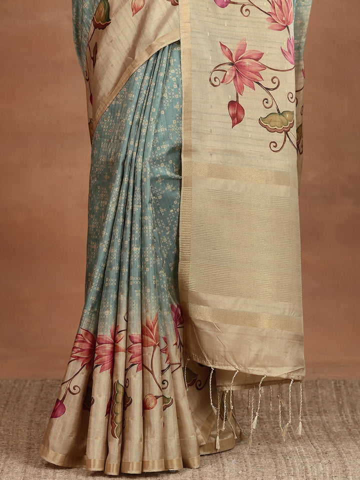 Blue Printed Silk Blend Sarees With Unstitched Blouse Piece