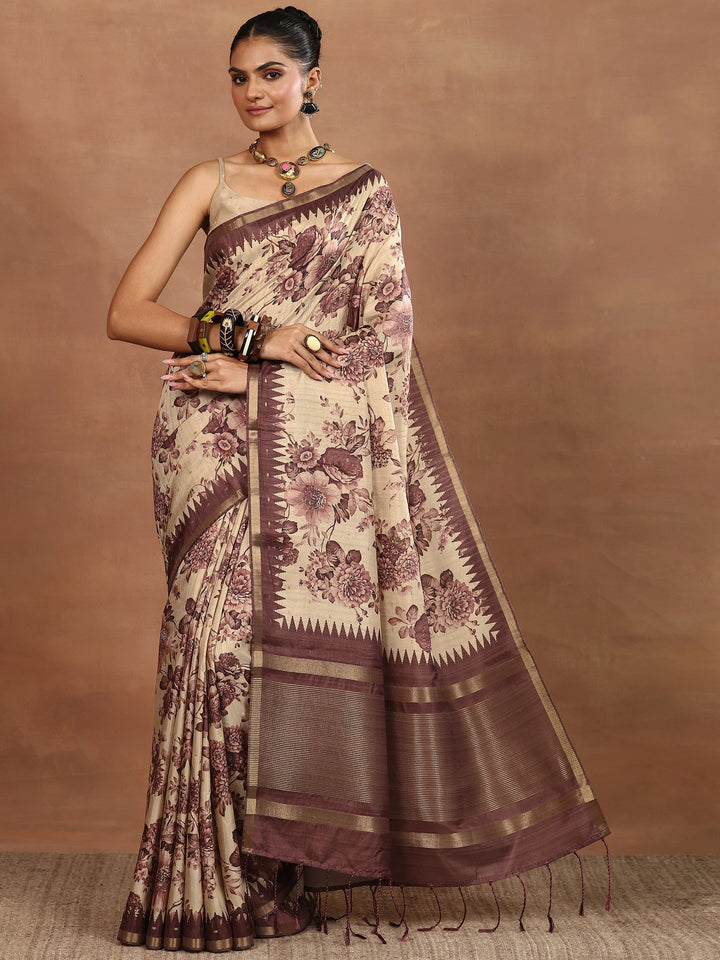 Beige Printed Silk Blend Sarees With Unstitched Blouse Piece