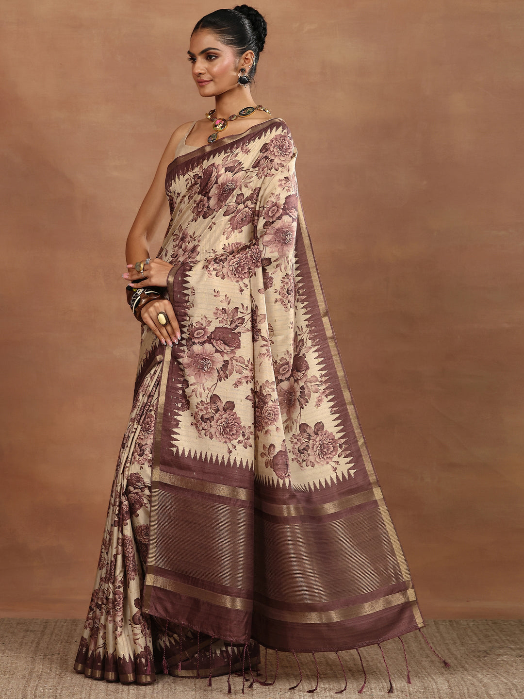 Beige Printed Silk Blend Sarees With Unstitched Blouse Piece
