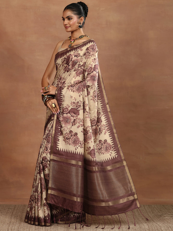 Beige Printed Silk Blend Sarees With Unstitched Blouse Piece