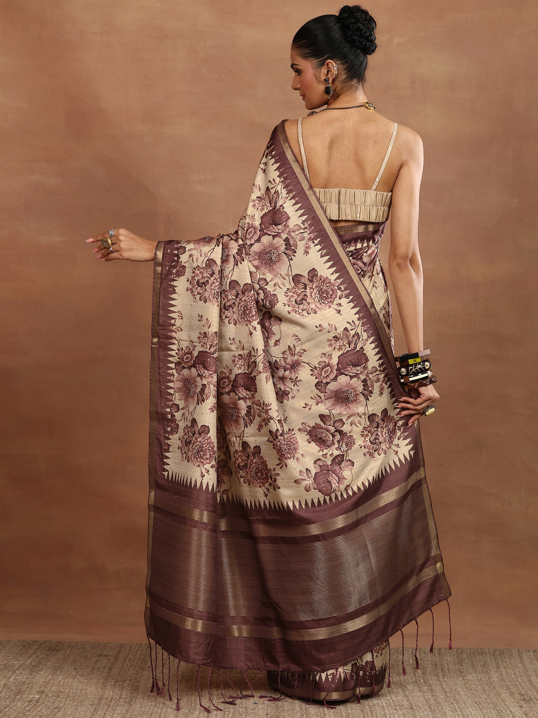Beige Printed Silk Blend Sarees With Unstitched Blouse Piece