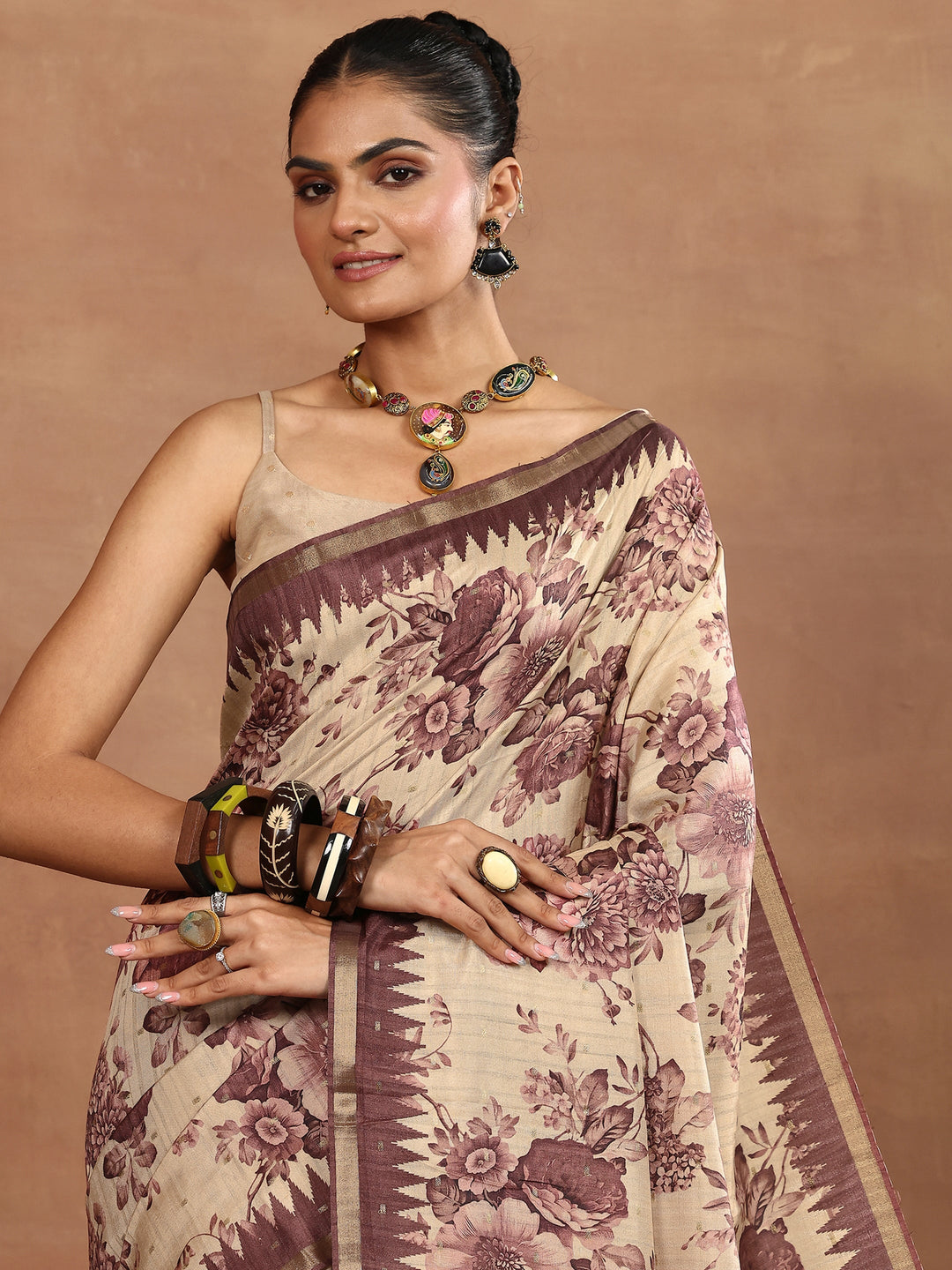 Beige Printed Silk Blend Sarees With Unstitched Blouse Piece