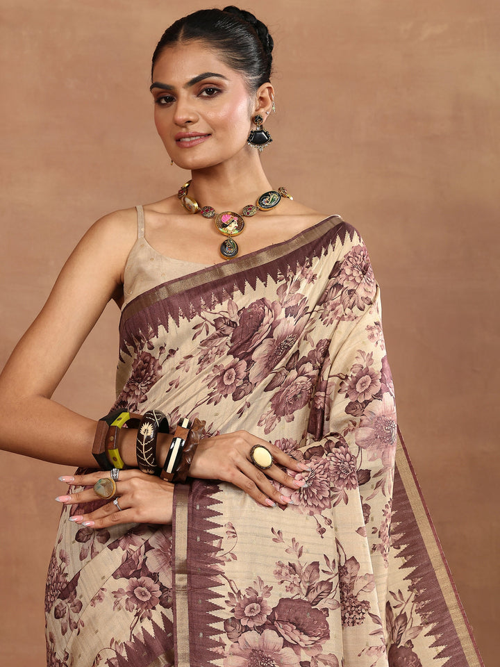 Beige Printed Silk Blend Sarees With Unstitched Blouse Piece