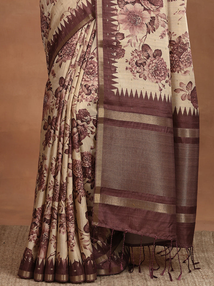 Beige Printed Silk Blend Sarees With Unstitched Blouse Piece