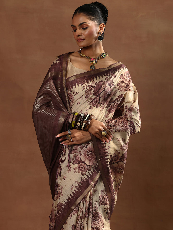 Beige Printed Silk Blend Sarees With Unstitched Blouse Piece