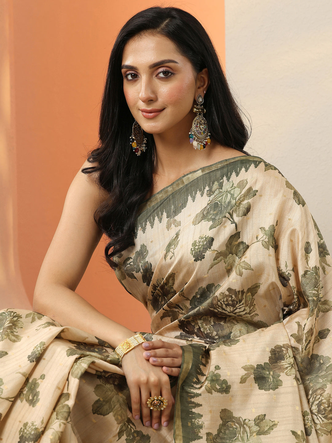 Green Printed Silk Blend Saree With Unstitched Blouse Piece