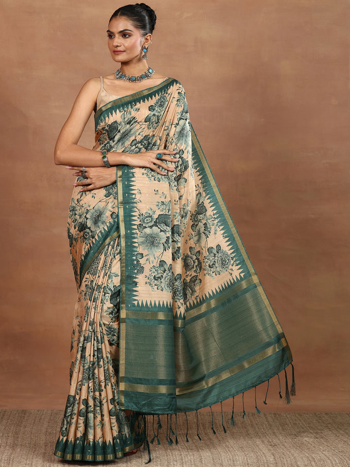 Beige Printed Silk Blend Sarees With Unstitched Blouse Piece