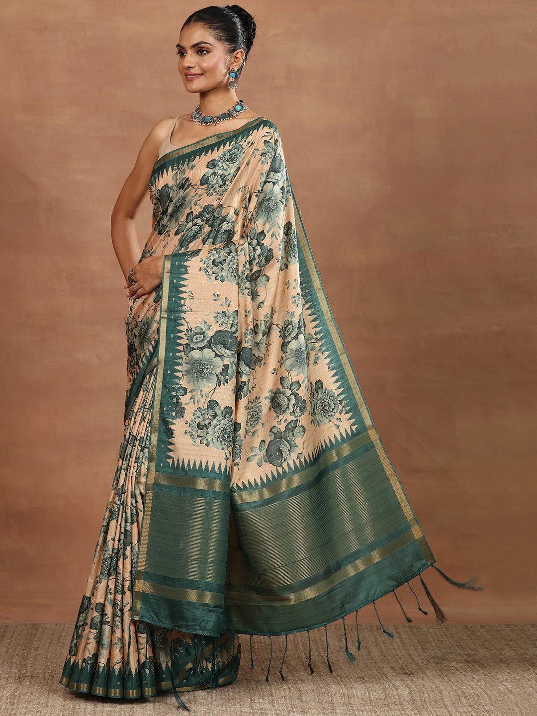 Beige Printed Silk Blend Sarees With Unstitched Blouse Piece