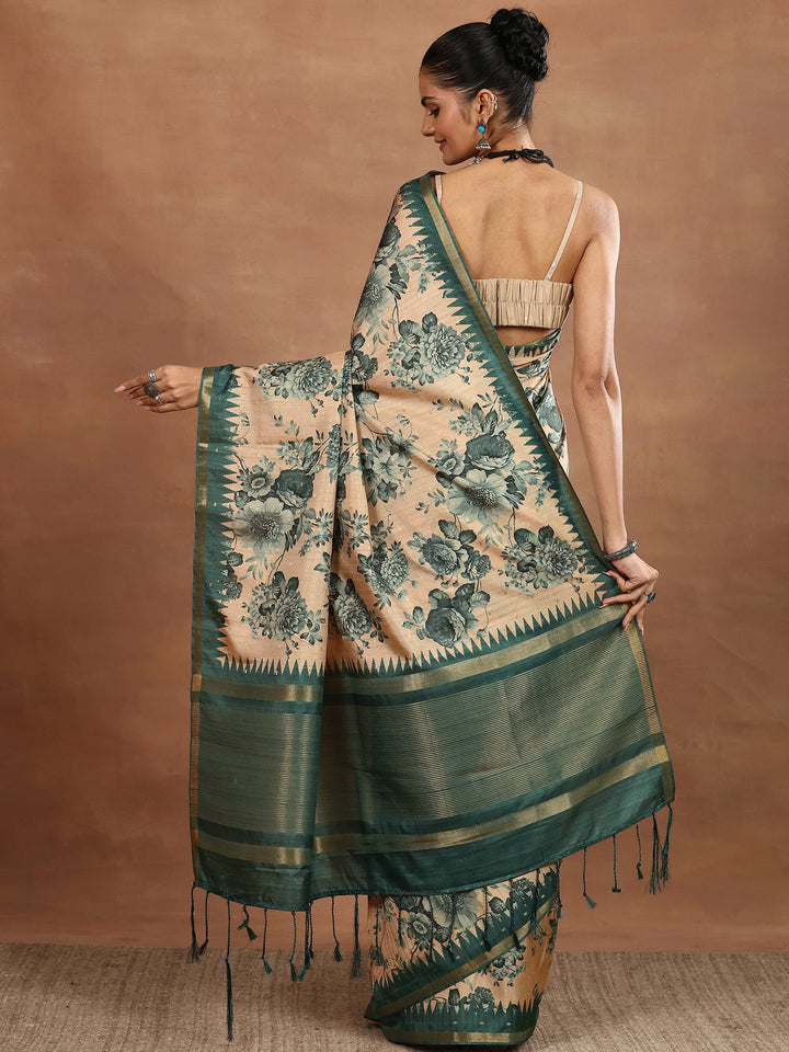 Beige Printed Silk Blend Sarees With Unstitched Blouse Piece