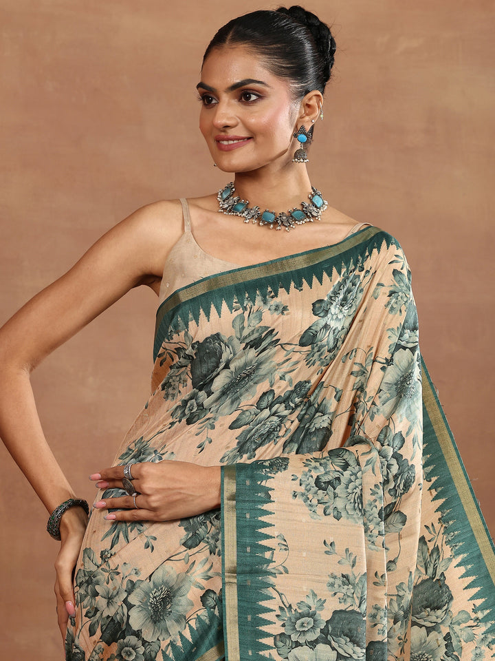 Beige Printed Silk Blend Sarees With Unstitched Blouse Piece