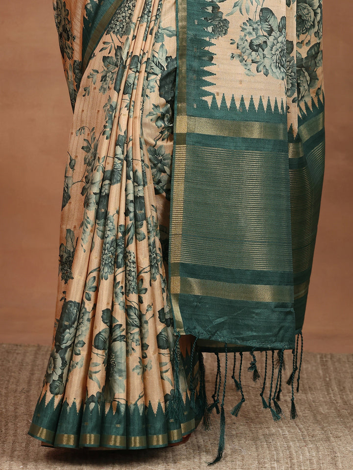Beige Printed Silk Blend Sarees With Unstitched Blouse Piece