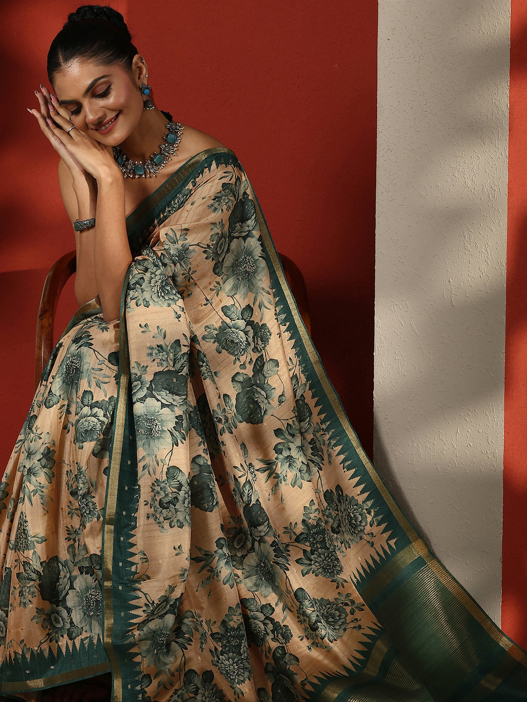 Beige Printed Silk Blend Sarees With Unstitched Blouse Piece