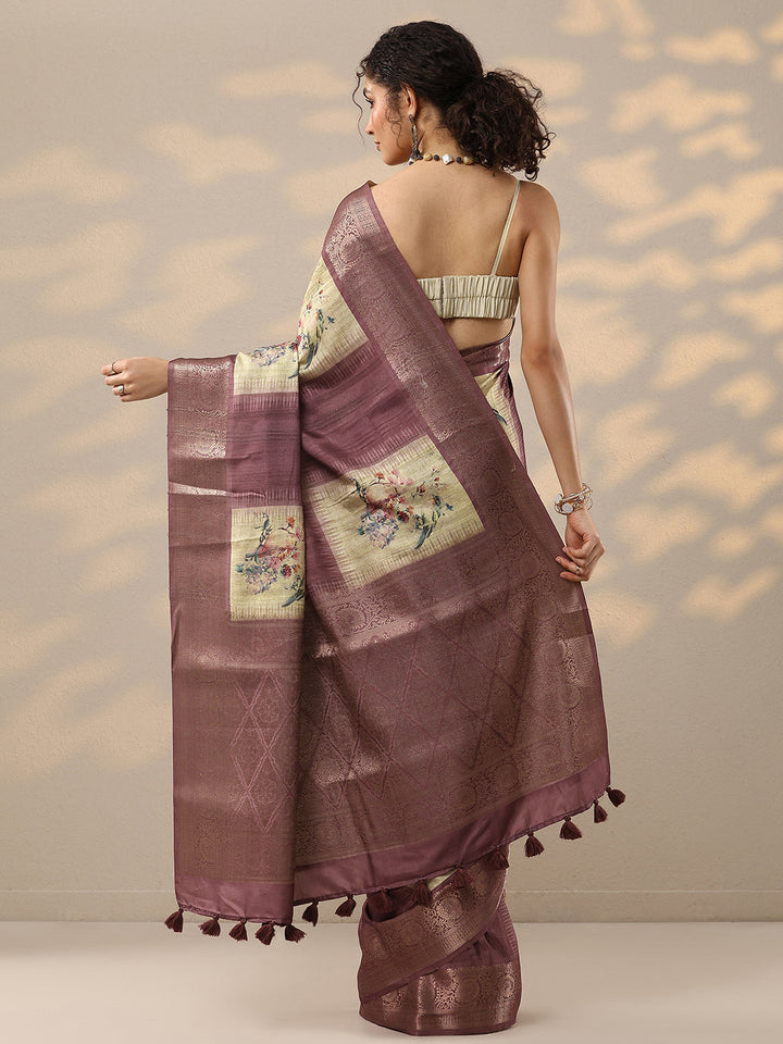 Beige Printed Silk Blend Sarees With Unstitched Blouse Piece