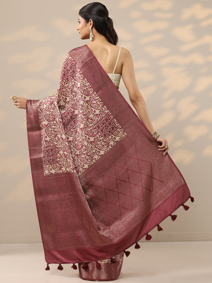 Brown Printed Silk Blend Saree With Unstitched Blouse Piece