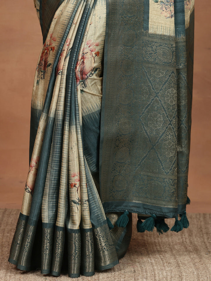 Grey Printed Silk Blend Sarees With Unstitched Blouse Piece