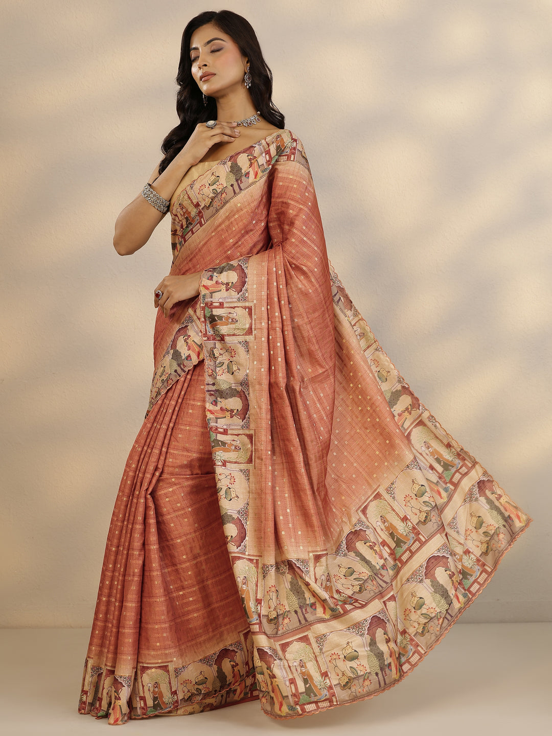 Peach Woven Design Silk Blend Saree With Unstitched Blouse Piece