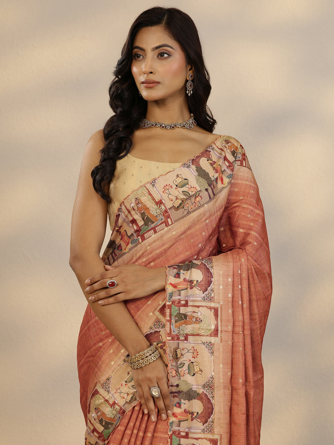 Peach Woven Design Silk Blend Saree With Unstitched Blouse Piece