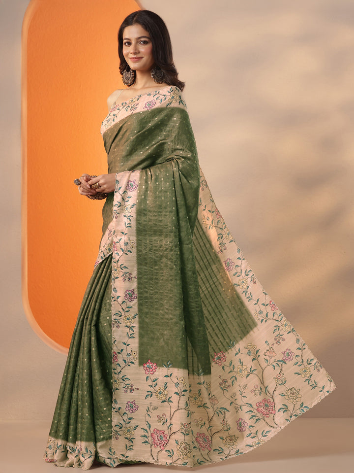 Green Woven Design Silk Blend Saree With Unstitched Blouse Piece