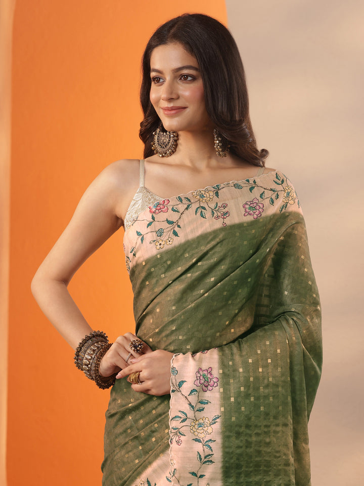 Green Woven Design Silk Blend Saree With Unstitched Blouse Piece
