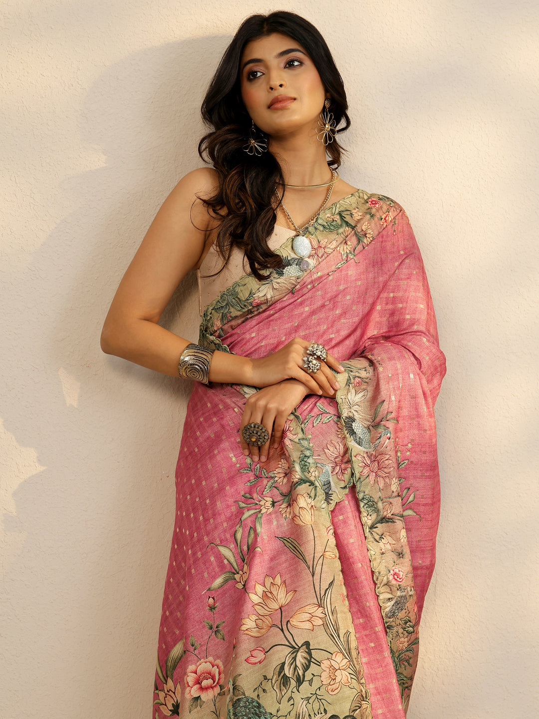 Pink Woven Design Silk Blend Saree With Unstitched Blouse Piece
